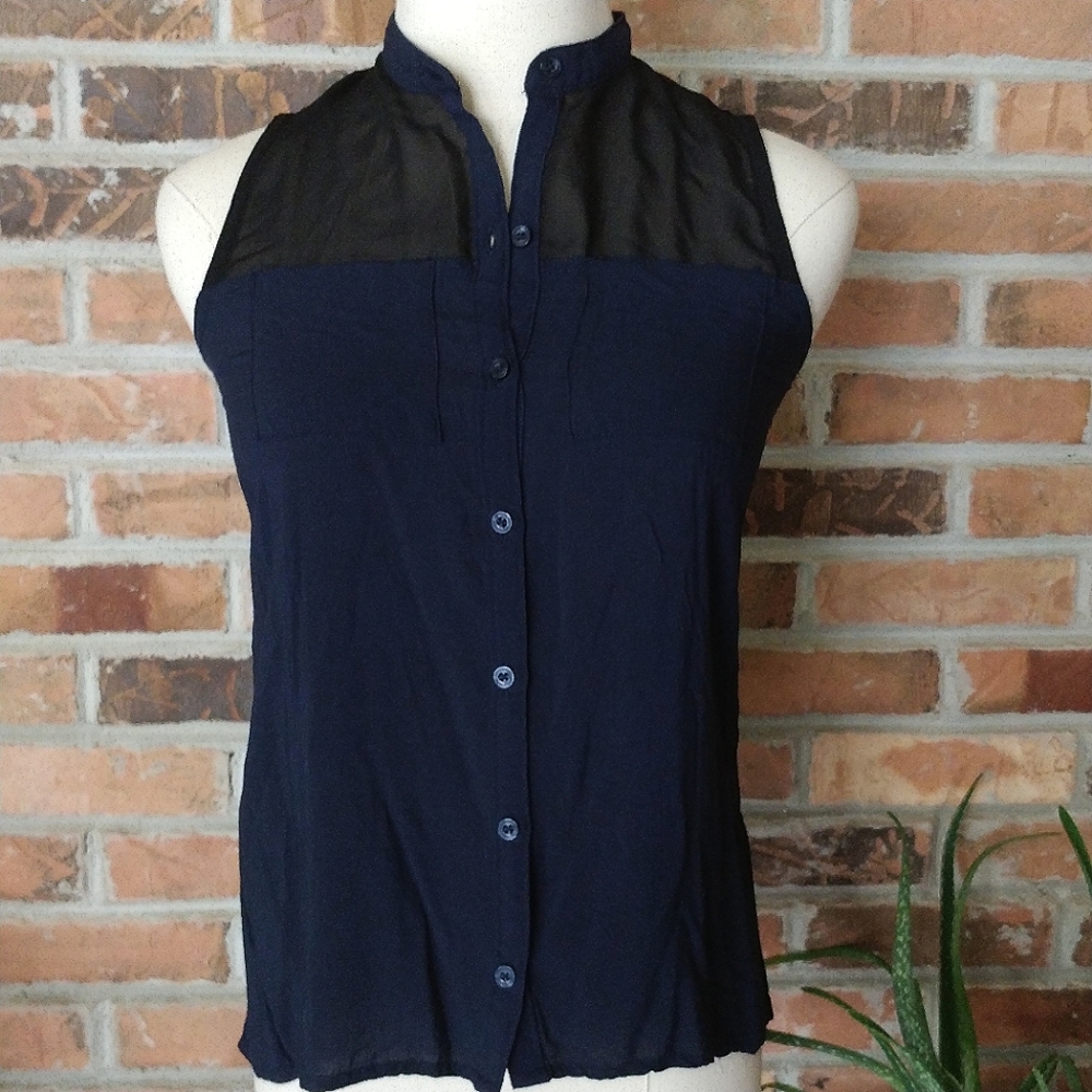 Aeropostale Navy/Black Mesh Sleeveless Button-up Blouse XS  c